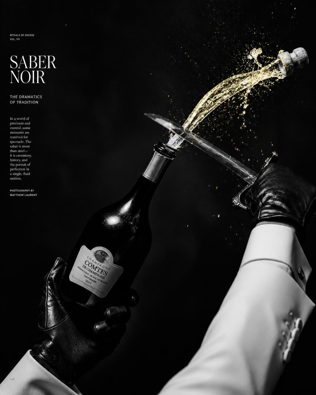 Gloved hands sabering a champagne bottle, the champagne spray the only colour in the frame