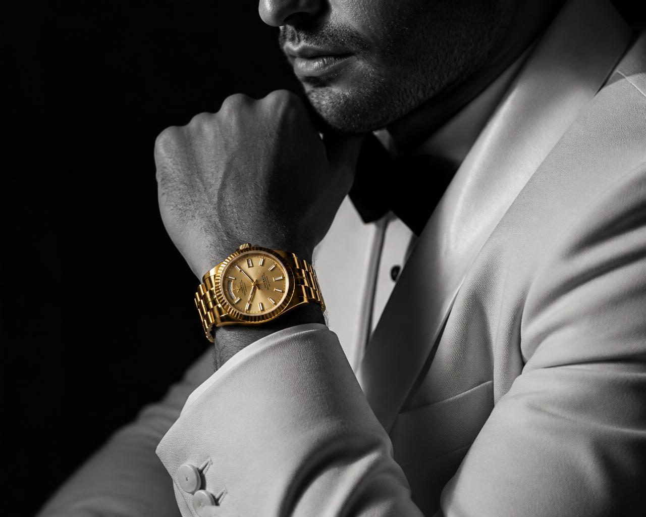 Monochrome portrait crop of an ivory tuxedo cuff with a gold watch